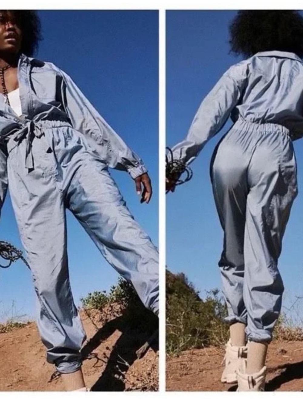 Free People Movement One-Piece Golden Hour Jumpsuit Blue Metallic Small